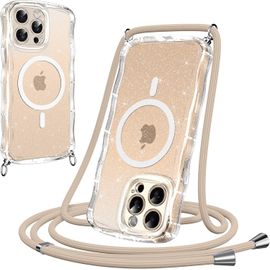 TRAHOO-Magnétique Collier Coque pour iPhone 15 Pro Max avec Cordon 6.7"",[Compatible avec MagSafe] Transparent Réglable Lanyard Necklace Case,Bords ondulés pailletés Souple TPU Housse,Transparent