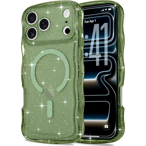 TRAHOO-Coque à Paillettes pour iPhone 17 Pro [Compatible avec Magsafe] Transparente Cadre Vague Bouclée Coque Bling Sparkle Antichoc Housse de Protection Glitter Case pour Femmes et Filles Vert