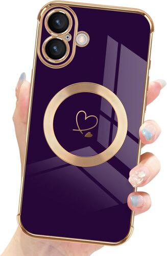 TRAHOO-Coque pour iPhone 16 Plus, Compatible avec MagSafe Housse avec Motif Coeur d'amour et Bord Plaqué Mignon TPU Souple Fine Antichoc Protection pour iPhone 16 Plus 6,7 Pouces Violet Foncé