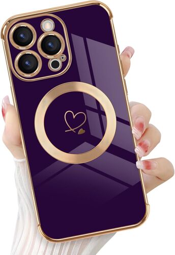 TRAHOO-Coque pour iPhone 16 Pro Max, Compatible avec MagSafe Housse avec Motif Coeur d'amour et Bord Plaqué Mignon TPU Souple Fine Antichoc Protection pour iPhone 16 Pro Max 6,9 Pouces Violet Foncé
