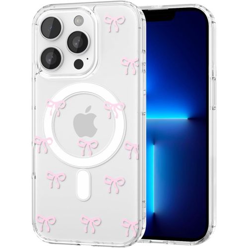 TRAHOO-Coque Magnétique pour iPhone 13 Pro, Compatible avec MagSafe, Esthétique Motif de Papillon Housse Anti-Jaune Transparent Étui Aimantée Antichoc Anti-Rayures Dos PC Arrière Bumper Case, Rose