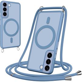 TRAHOO-Coque Magnétique pour Samsung Galaxy S22 5G avec Cordon,[Compatible avec MagSafe] Etui Translucide Mat Arrière Antichoc Réglable Portable Lanyard Case Protection,Bleu Clair