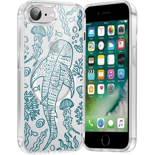 TRAHOO-Coque Magnétique pour iPhone 8/7/SE 2020/SE 2022 4,7"", Aesthetic Baleine Motif Fille Dessin Mignon Etui Compatible avec MagSafe, Transparente Case Souple Silicone TPU Bumper Antichoc Housse