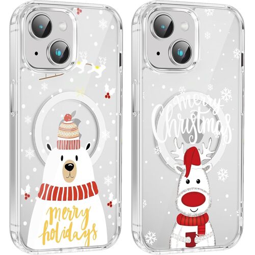 TRAHOO-2 Pièces Noël Coque Magnétique pour iPhone 14/iPhone 13 6,1'', Etui en Motif Dessin Cadeau de Noël Compatible avec MagSafe, Antichoc Housse Christmas Silicone Cover pour iPhone 13, Noël 04