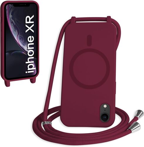 TRAHOO-Magnétique Coque avec Cordon pour iPhone XR, [Compatible avec MagSafe] Etui Collier Réglable Téléphone Étui Portable Lanyard Case Protection Complète Cover,Rouge