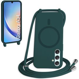 TRAHOO-Magnétique Coque avec Cordon pour Samsung Galaxy A34, [Compatible avec MagSafe] Etui Collier Réglable Téléphone Étui Portable Lanyard Case Protection Complète Cover,Vert