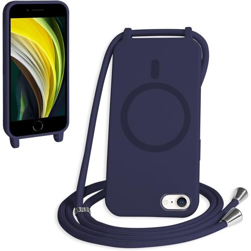 TRAHOO-Magnétique Coque avec Cordon pour iPhone 6/7/8/SE 2020/SE 2022, [Compatible avec MagSafe] Etui Collier Réglable Téléphone Étui Portable Lanyard Case Protection Complète Cover,Bleu