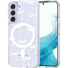 TRAHOO-Coque Magnétique pour Samsung Galaxy S22, Compatible avec MagSafe, Esthétique Motif de Papillon Housse Anti-Jaune Transparent Étui Aimantée Antichoc Anti-Rayures Dos PC Bumper Case, Blanc