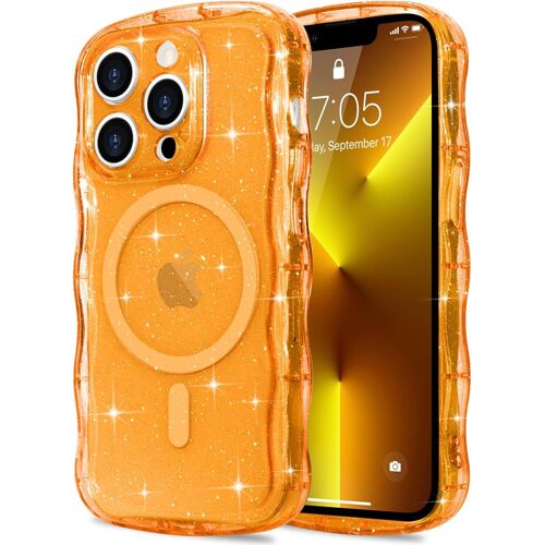 TRAHOO-Coque à Paillettes pour iPhone 13 Pro Max [Compatible avec Magsafe] Transparente Cadre Vague Bouclée Coque Bling Sparkle Antichoc Housse de Protection Glitter Case pour Femmes et Filles Orange