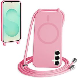 TRAHOO-Magnétique Coque avec Cordon pour Samsung Galaxy S24/S25 Plus, [Compatible avec MagSafe] Etui Collier Réglable Téléphone Étui Portable Lanyard Case Protection Complète Cover,Pink