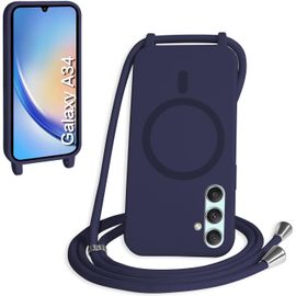 TRAHOO-Magnétique Coque avec Cordon pour Samsung Galaxy A34, [Compatible avec MagSafe] Etui Collier Réglable Téléphone Étui Portable Lanyard Case Protection Complète Cover,Bleu