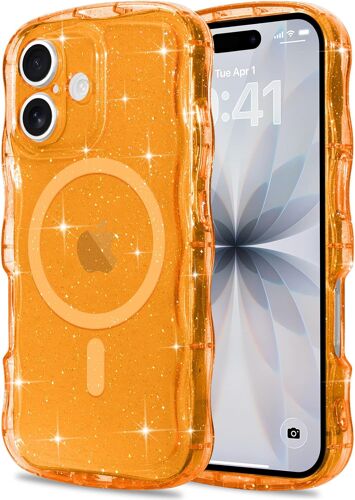 TRAHOO-Coque à Paillettes pour iPhone 17 [Compatible avec Magsafe] Transparente Cadre Vague Bouclée Coque Bling Sparkle Antichoc Housse de Protection Glitter Case pour Femmes et Filles Orange