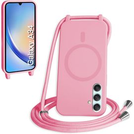 TRAHOO-Magnétique Coque avec Cordon pour Samsung Galaxy A34, [Compatible avec MagSafe] Etui Collier Réglable Téléphone Étui Portable Lanyard Case Protection Complète Cover,Pink