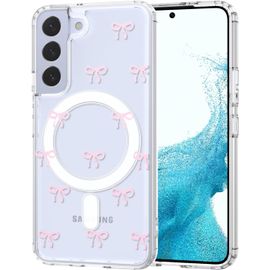 TRAHOO-Magnétique Coque pour Samsung Galaxy S22 5G Compatible avec MagSafe, Esthétique Motif de Papillon Housse Anti-Jaune Transparent Étui Aimantée Antichoc Anti-Rayures Dos PC Arrière Case, Rose