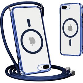 TRAHOO-Magnétique Coque pour iPhone 7 Plus/8 Plus avec Cordon de Collier 5,5"",Étui Compatible avec MagSafe,Ultra Mince Translucide Mat Silicone Antichoc Housse avec Réglable Lanyard Necklace Case,Ble