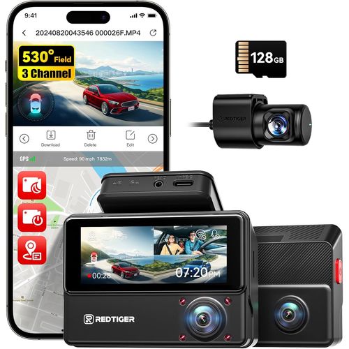 REDTIGER 530° Dashcam Voiture 3 Canaux,Caméra pour Voiture 2,5K+2,5K+1080P avec Carte 128 Go, Vision Nocturne IR, Écran Tactile, Dashcam pour Avant,Inclus WiFi GPS, Mode Parking 24H