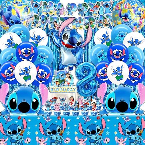 Lot de 52 pièces déco anniversaire Stitch 8 ans, kit complet pour décoration de fête, ballon, nappe et décoration gâteau pour enfant