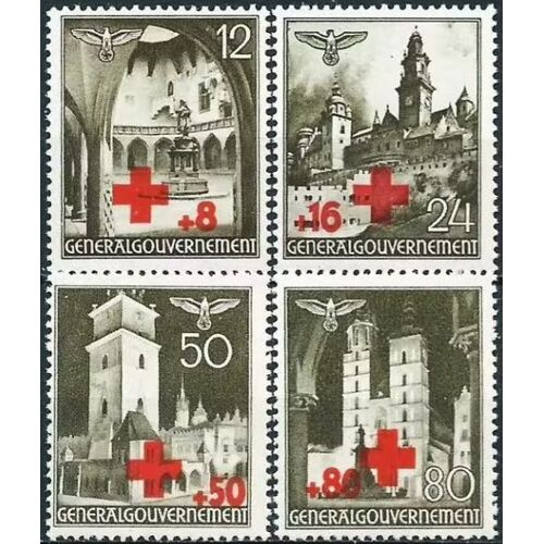Pologne, Occupation Allemande 1940, Belle Série Complète Neuve* Au Profit De La Croix Rouge, Timbres Yvert 68 Institut Copernic 69 Chateau 70 Hotel De Ville 71 Église Sainte Marie.