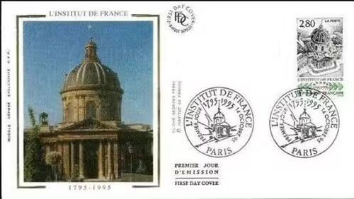 France 1995, Très Belle Enveloppe 1er Jour Bicentenaire De L'institut De France À Paris, Timbre Yvert 2973, Belle Illustration Soie, État Neuf -