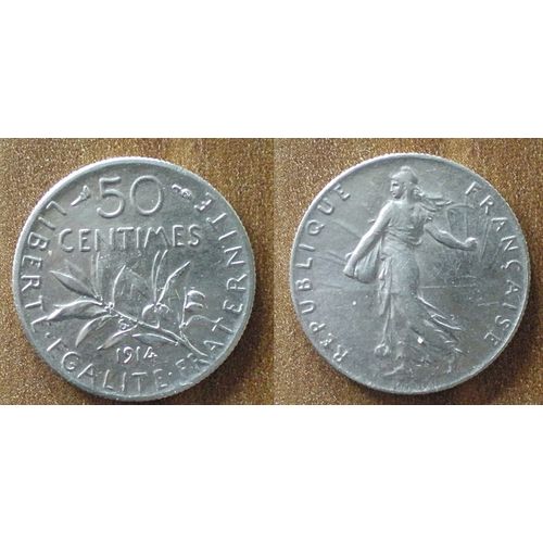 France 50 Centimes 1914 Piece Argent Semeuse Centime