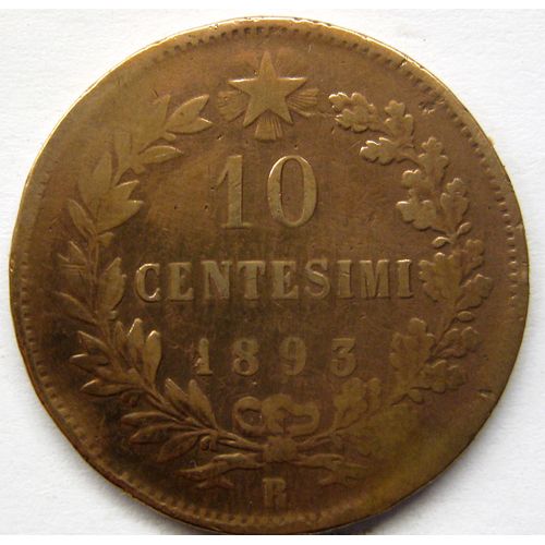 Pièce Monnaie Italienne, 10 Centesimi Umberto Ier, 1893 R, Italie, Cuivre, (Et-28).