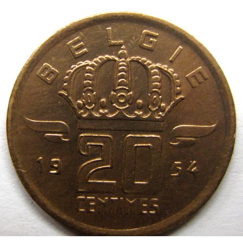 Pièce Monnaie Belge, 20 Centimes Type Mineur, Néerlandais, 1954, Bronze, (Et-43).