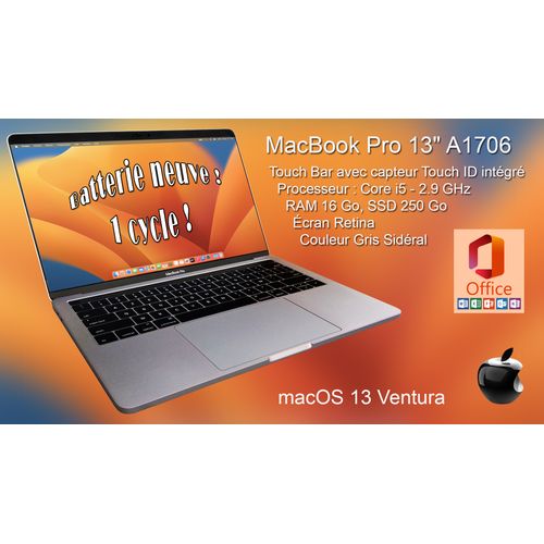 MacBook Pro Touch Bar A1706 - 2016 - Core i5 - 2.9 GHz - RAM 16 Go - SSD 250 Go