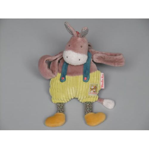 Doudou âne Les Cousins Moulin Roty marron vert bleu