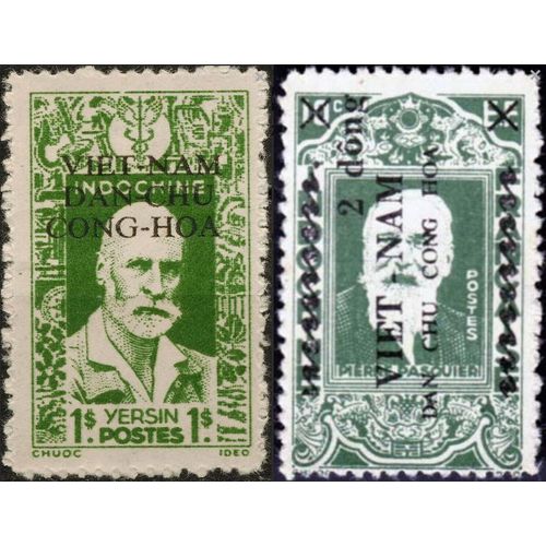 Vietnam - Indochine, Guerre D'Indépendance 1945 / 46, Beaux Timbres Neufs** Pierre Pasquier Et Alexandre Yersin Avec Surcharge Des Forces Indépendantistes Du Général Ho Chi Minh.