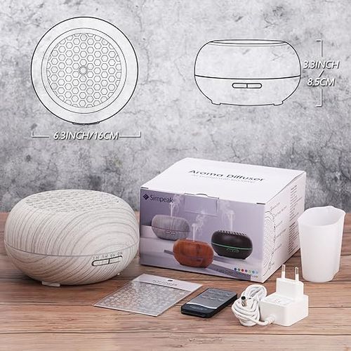 Diffuseur d'huiles essentielles Simpeak 550 ml, humidificateur ultrasonique sans BPA avec télécommande, 7 couleurs de lumière LED et 3 minuteries pour la maison, le yoga, le bureau et le spa.