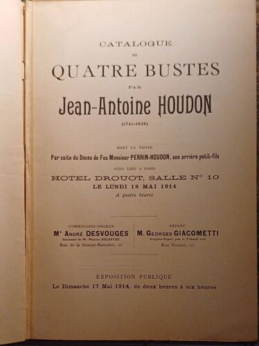 Catalogue De Quatre Bustes. Houdon Jean-Antoine. 1914