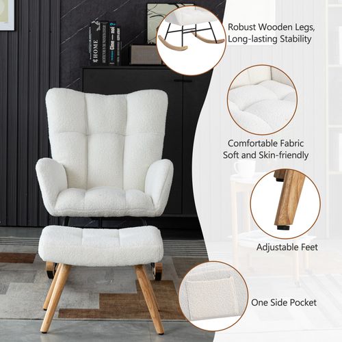 Fauteuil à bascule d'assise tabouret de pied inclus cadre en bois caoutchouté blanc