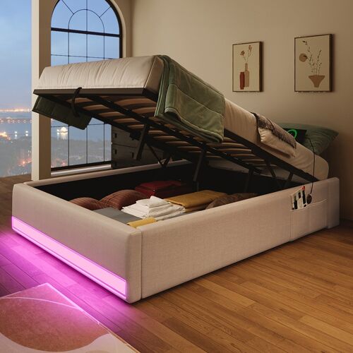 Lit coffre rembourré 90x200 cm bande led télécommandée avec usb et type c avec petites poches de rangement sans tête de lit beige
