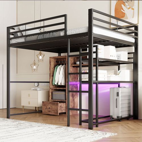 Lit mezzanine 140x200 cm lit en métal avec lampes led bureau 1 tiroir étagères barrières de sécurité escalier noir