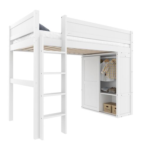 Lit mezzanine 90x200 cm lit enfant équipé d'une armoire d'un compartiment de rangement d'un espace de rangement ouvert sous le lit pin blanc