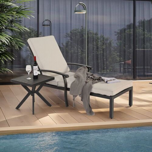Transat 1 Pièce Chaise Longue De Jardin Avec Coussin En Coton Inclinable Et Réglable Mobilier De Chaise Longue De Piscine En Aluminium Résistant À La Rouille Coussin Beige Imperméable