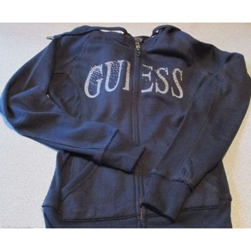 Blouson Léger À Capuche Guess, Modèle New Ella Zip - Taille S/36 - Inscription Guess Et Strass Argentés Sur La Poitrine - Marine Foncé - Polyester Et Viscose