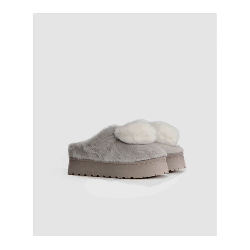 Chaussons Pompon Coeur Peluche Pantoufles Fausse Fourrure Mules Duveteux Textile Doublure Chaude Synthetic Semelle Compensée Plate-Forme Haut 4 Cm Gris + Blanc Pointure 38/39 Confort Douillet Even&Odd