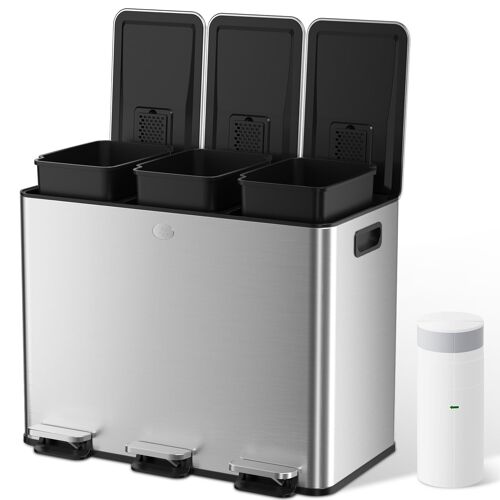Poubelle de Cuisine YASHE 45L, 3 Compartiments en Acier Inoxydable, Pédale, 20 Sacs, Seaux Amovibles, 3x15L, Meuble Pratique et Durable