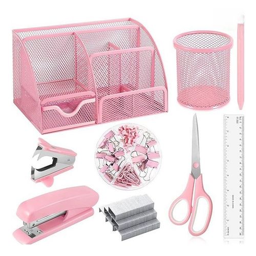 Ensemble D'agrafeuse Rose - Kit De Papeterie De Bureau Avec Arrache-Agrafes, Dévidoir De Ruban Adhésif Et Accessoires