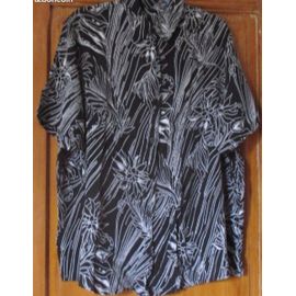 Chemisier/Tunique-Manches Courtes-Col Fermé-Noir Avec Fleurs Et Feuillages Blancs-100%Viscose Aspect Crêpe-Modèle Vintage Large Et Confortable De Bleu Bonheur-Taille 52 - Peu Porté