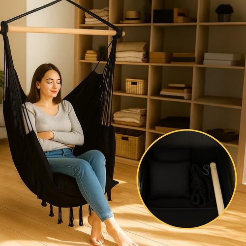 Extralink Black Forest Hammock Brazilian Chair 100x130cm Black Hamac Suspendu 1 Personne(S) Frêne, Toile, Coton, Polyester, Corde Noir