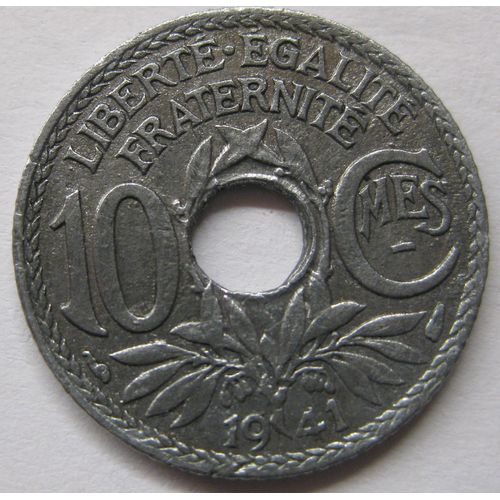 Pièce De Monnaie Française De 10 Centimes, 1941, Tranche Striée, Zinc, (25).
