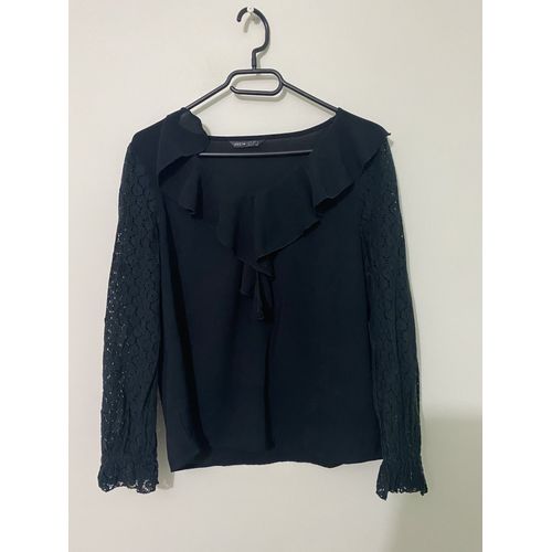 Blouse Noir À Volant Avec Manches En Dentelle Shein Taille M/38
