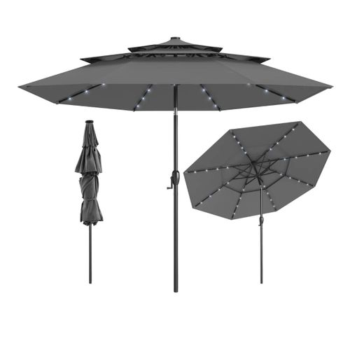 Parasol De Patio Incliné 313 X 248 Cm Avec 32 Lumières Led Et Toit Aéré À 3 Niveaux En Polyester Gris Helloshop26 20_0012992