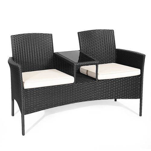 Banc De Jardin 2 Places Avec Table Intégrée En Verre Trempé Ergonomique Moderne Pour Patio L138 X P61 X 85 Cm En Rotin Pe Noir Helloshop26 20_0010563