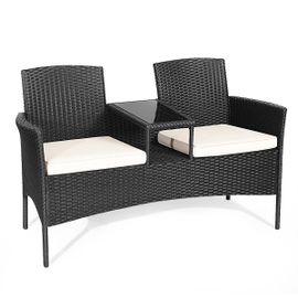 Banc De Jardin 2 Places Avec Table Intégrée En Verre Trempé Ergonomique Moderne Pour Patio L138 X P61 X 85 Cm En Rotin Pe Noir Helloshop26 20_0010563