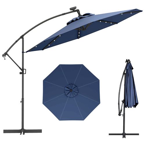 Parasol Déporté 3m Rotatif 360° Avec 24 Lumières Led Solaires Inclinable Et Réglable En Aluminium Bleu Foncé Helloshop26 20_0013012