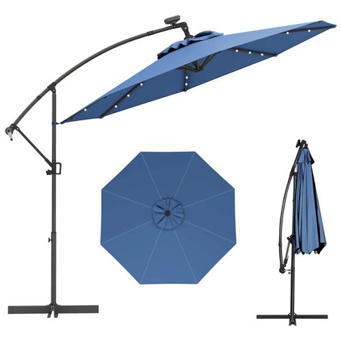 Parasol Déporté 3m Angle Réglable Rotatif 360° Avec 24 Lumières Led Solaires Design Moderne En Aluminium Bleu Helloshop26 20_0013011
