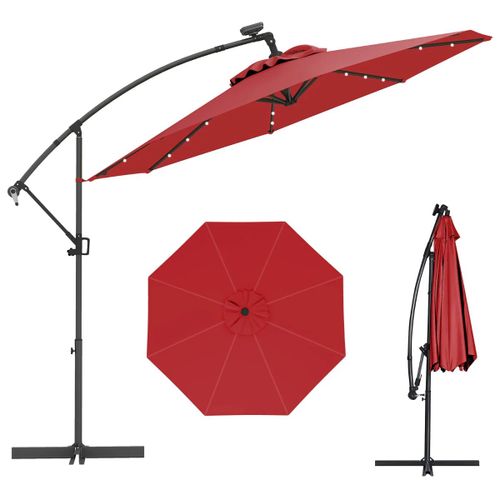 Parasol Déporté 3 M Avec 24 Lumières Solaires Rotatif 360° Angle Réglable Design Moderne En Aluminium Rouge Helloshop26 20_0013014